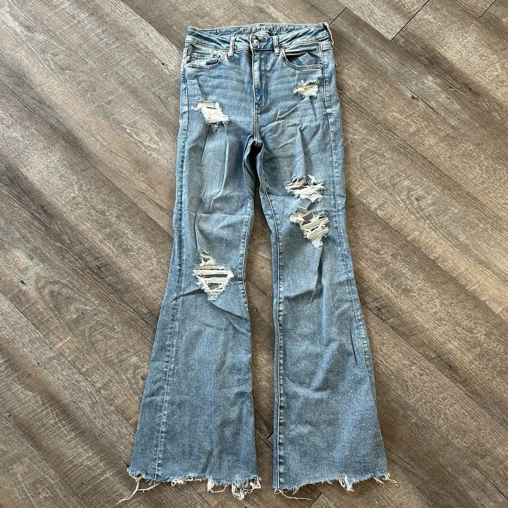 American Eagle Next Level Stretch Flare Jeans Womens 8 Distressed Raw Hem